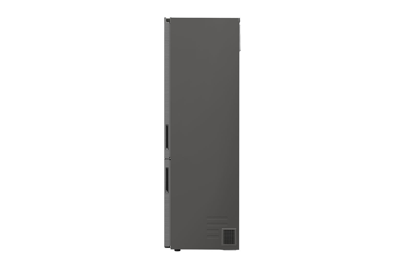 Zijkant van de LG GBP62PZNAC koel-vriescombinatie in zilvergrijs design