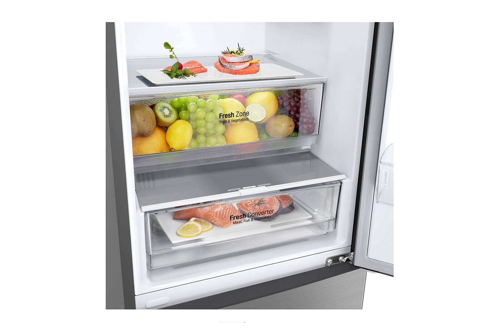 Close-up van Fresh Zone lade gevuld met fruit en Fresh Converter lade met zalm en citroen