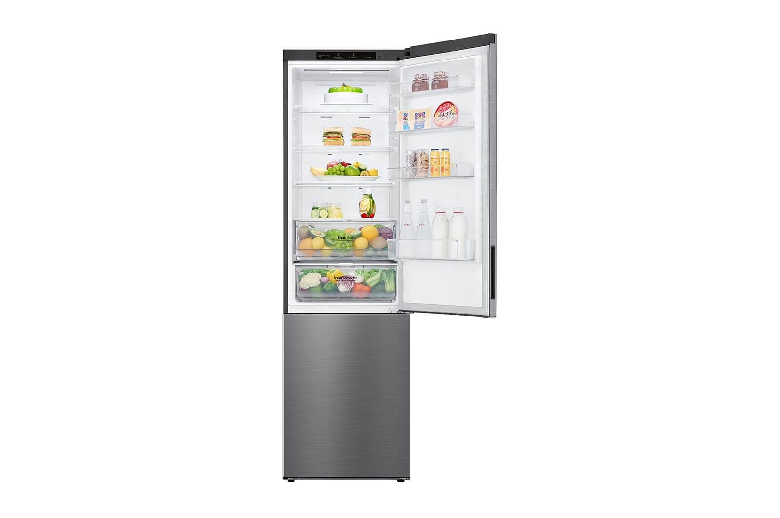 LG GBP62PZNAC koel-vriescombinatie geopend met gevulde koelkast en vriezer