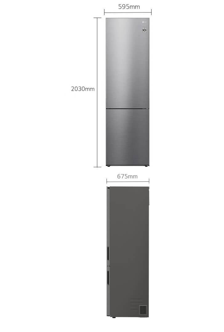 Afmetingen van de LG GBP62PZNAC koel-vriescombinatie: 203 cm hoog, 59,5 cm breed, 67,5 cm diep