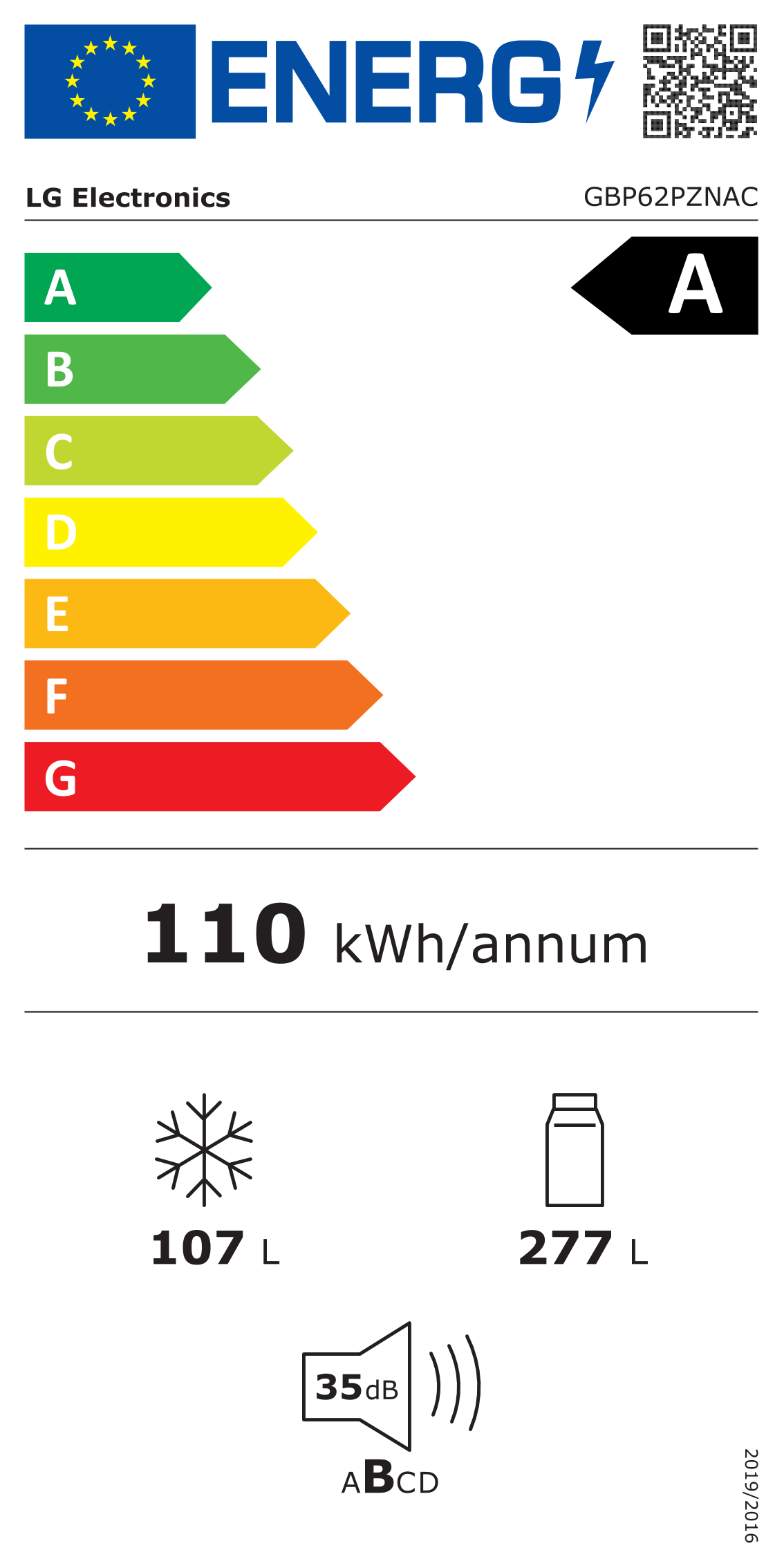 Energielabel LG GBP62PZNAC koel-vriescombinatie – energieklasse A, 110 kWh/jaar, geluidsniveau 35 dB, koelgedeelte 277 liter, vriesgedeelte 107 liter