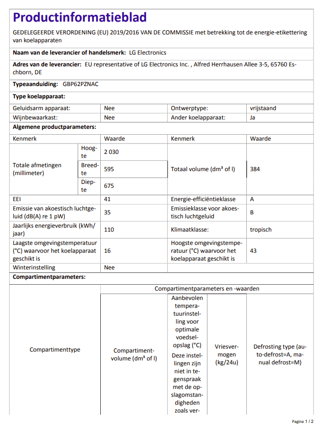 Productinformatieblad LG GBP62PZNAC koel-vriescombinatie met specificaties, energieklasse A en 384 liter inhoud