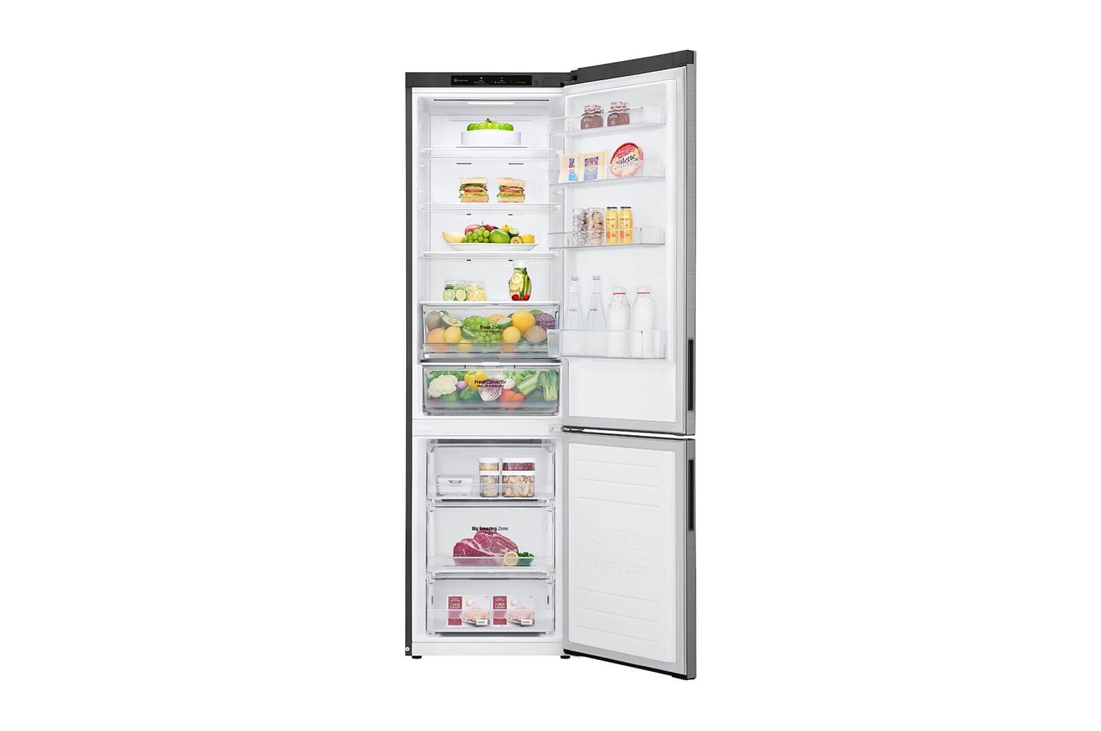 LG GBP62PZNAC koel-vriescombinatie volledig gevuld met boodschappen