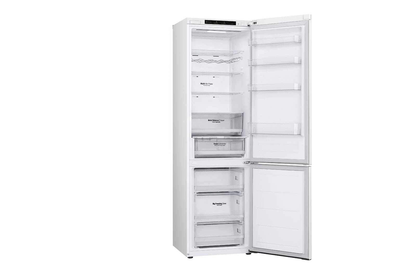 Vrijstaande LG GBV3200DSW koel-vriescombinatie open, overzicht van koel- en vriesruimte.