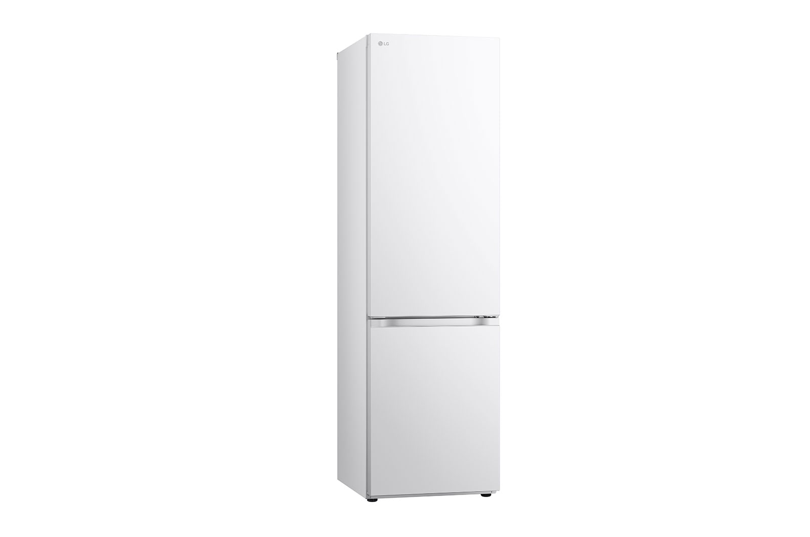 Zijaanzicht van de LG GBV3200DSW koel-vriescombinatie met minimalistisch wit design.