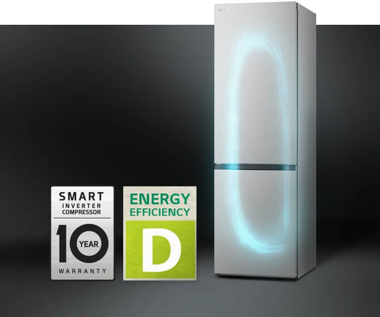 LG GBV3200DSW met Smart Inverter Compressor en energieklasse D label.