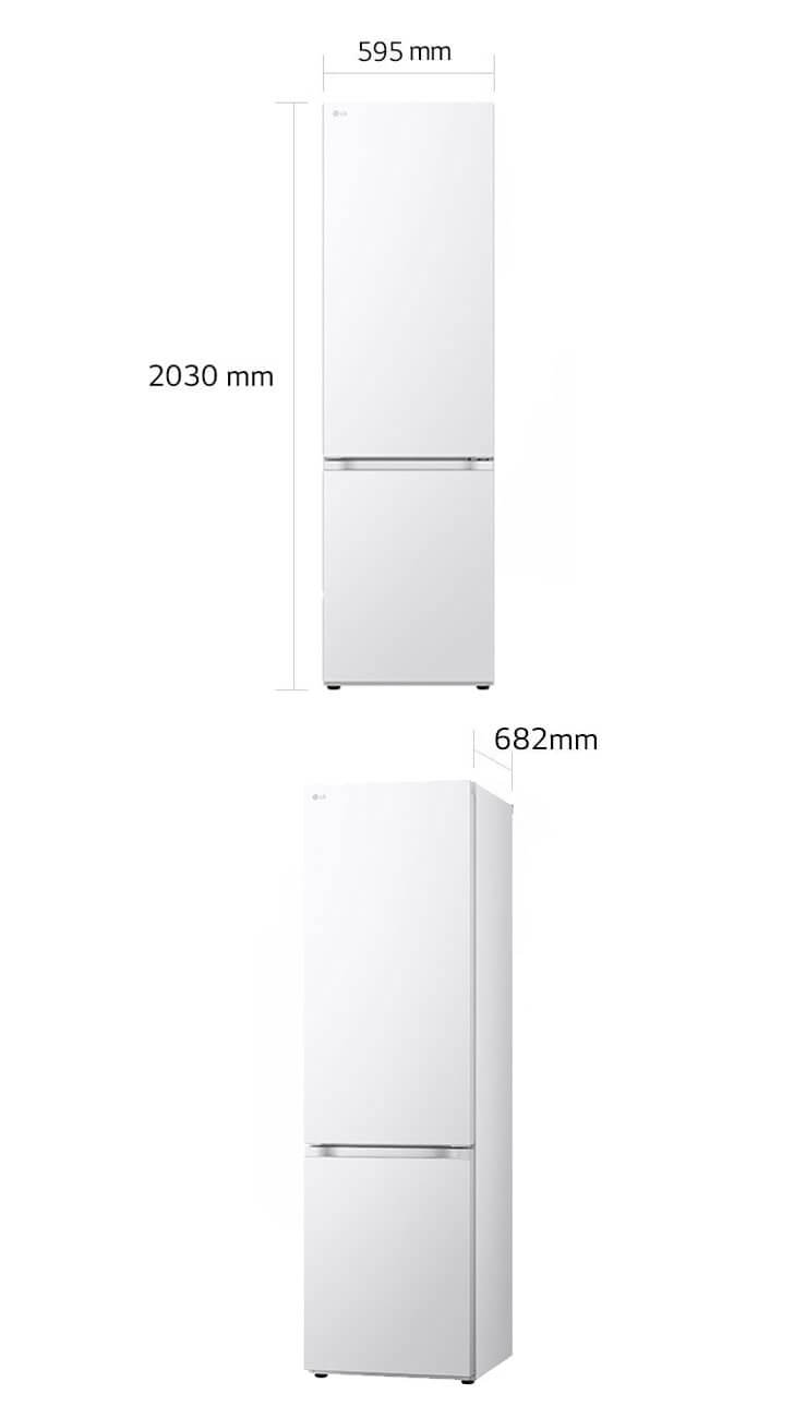 Afmetingen LG GBV3200DSW koelkast, hoogte 2030 mm, breedte 595 mm, diepte 682 mm.