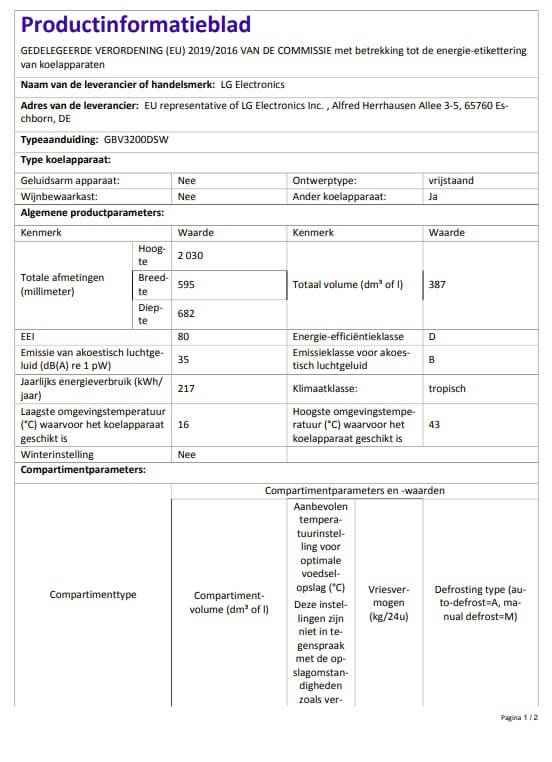 Productinformatieblad LG GBV3200DSW met energieklasse D en specificaties