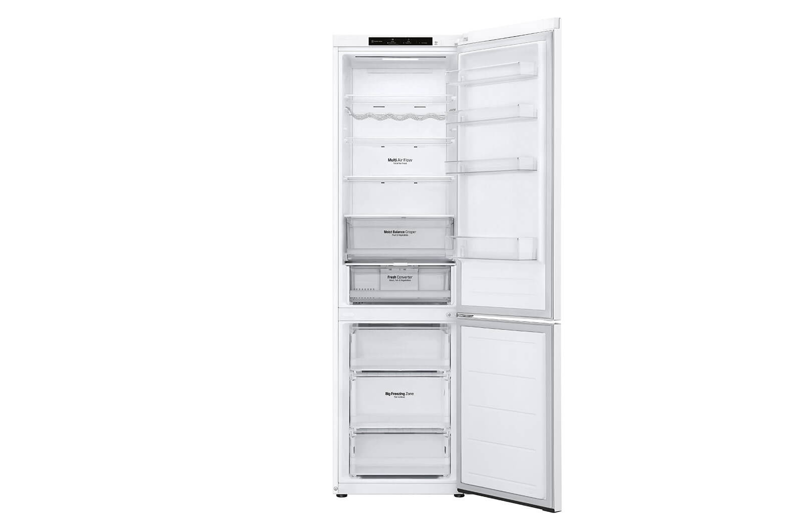 LG GBV3200DSW koelkast volledig open, met lege schappen en vriesladen
