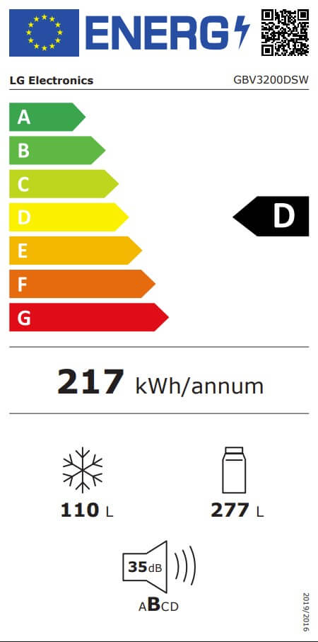 Energielabel LG GBV3200DSW koel-vriescombinatie – energieklasse D, 217 kWh/jaar, 277 liter koelruimte, 110 liter vriesruimte, 35 dB stil