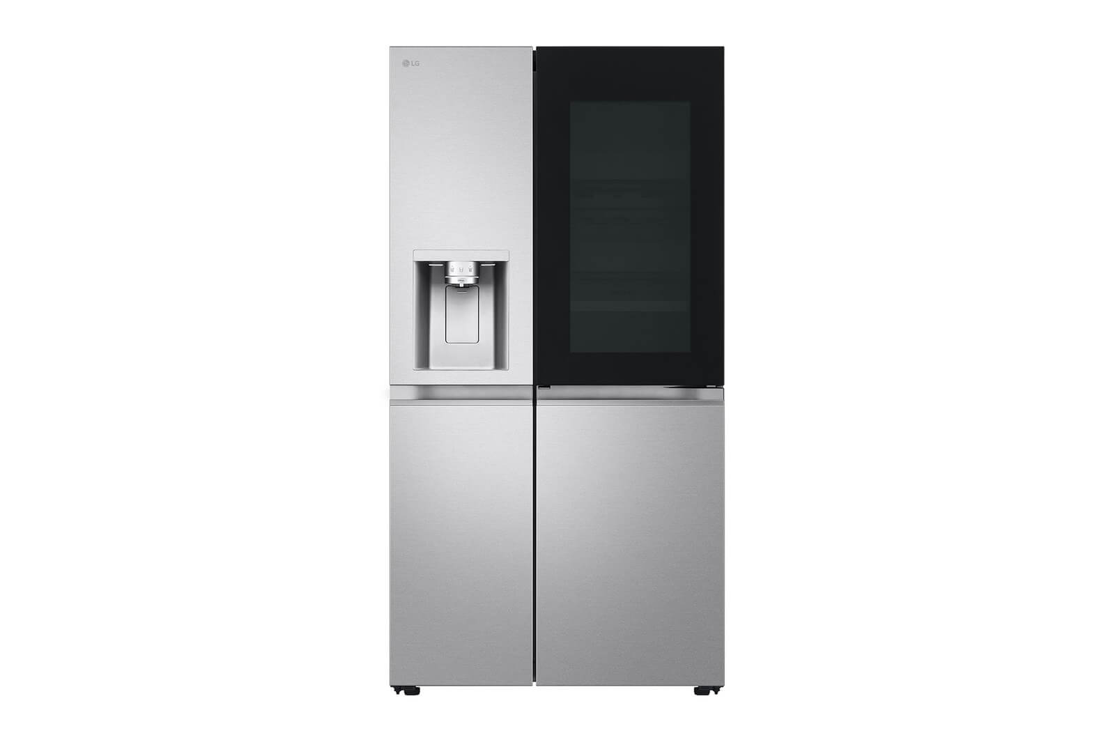 Vooraanzicht van de LG GSXE90MBAD Side by Side koelkast in inox met InstaView-deur en water-ijsdispenser