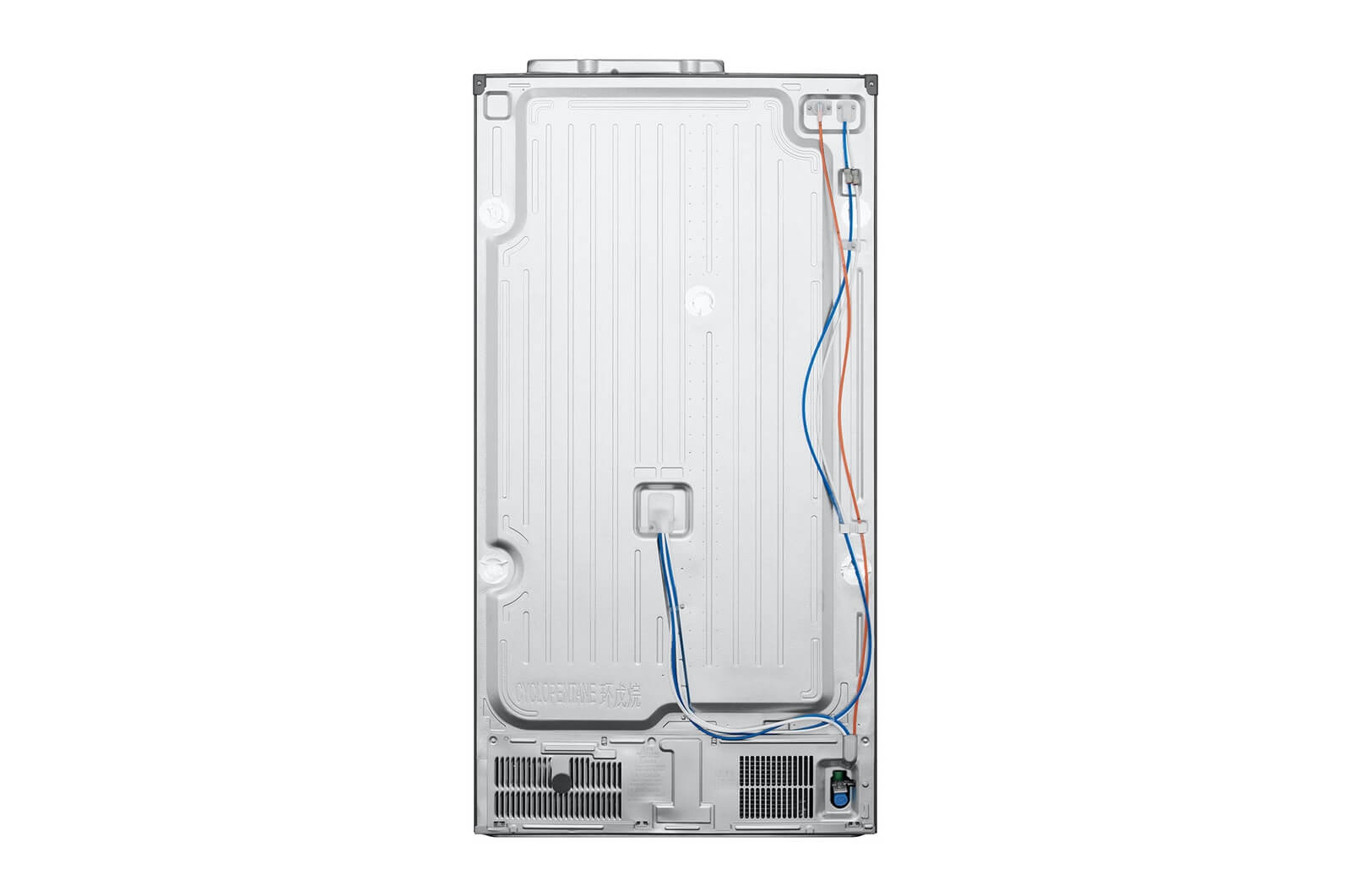 Achterkant van de LG GSXE90MBAD koelkast met aansluitingen en koelelementen