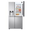LG GSXE90MBAD koelkast met geopende InstaView-deur, interieur gevuld met boodschappen