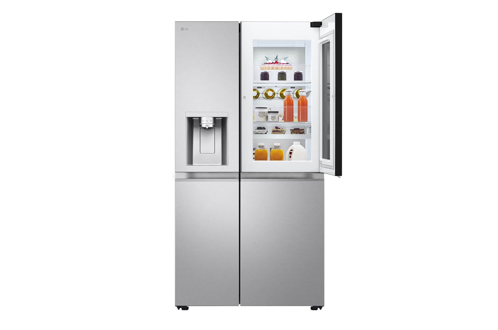 LG GSXE90MBAD koelkast met geopende InstaView-deur, interieur gevuld met boodschappen