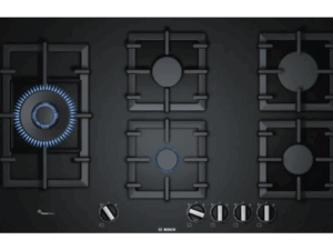 Vooraanzicht Bosch PPS9A6B90 gaskookplaat met vijf branders, wokfunctie en FlameSelect.