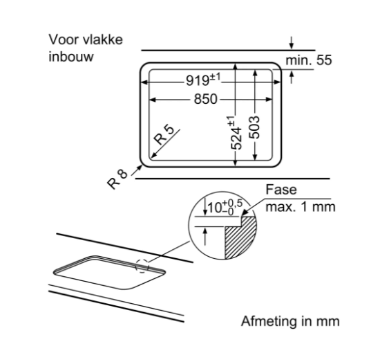 PPS9A6B90 (8) Dimensions pour l'encastrement affleurant de la table de cuisson gaz Bosch PPS9A6B90 avec découpes et détails.