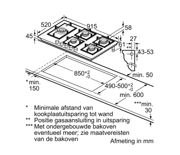 PPS9A6B90 (9) Schéma d'encastrement de la table de cuisson gaz Bosch PPS9A6B90 avec dimensions, marges de gaz et de sécurité.