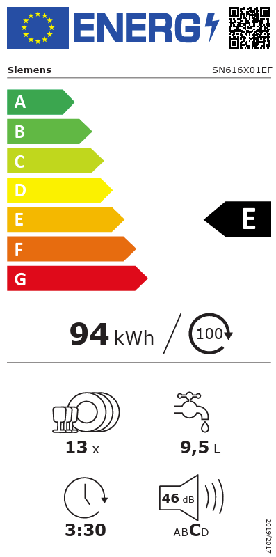 Étiquette énergétique du lave-vaisselle Siemens SN616X01EF, classe énergétique E, 94 kWh pour 100 cycles