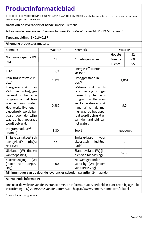 Fiche d'information produit du lave-vaisselle Siemens SN616X01EF avec spécifications et consommation