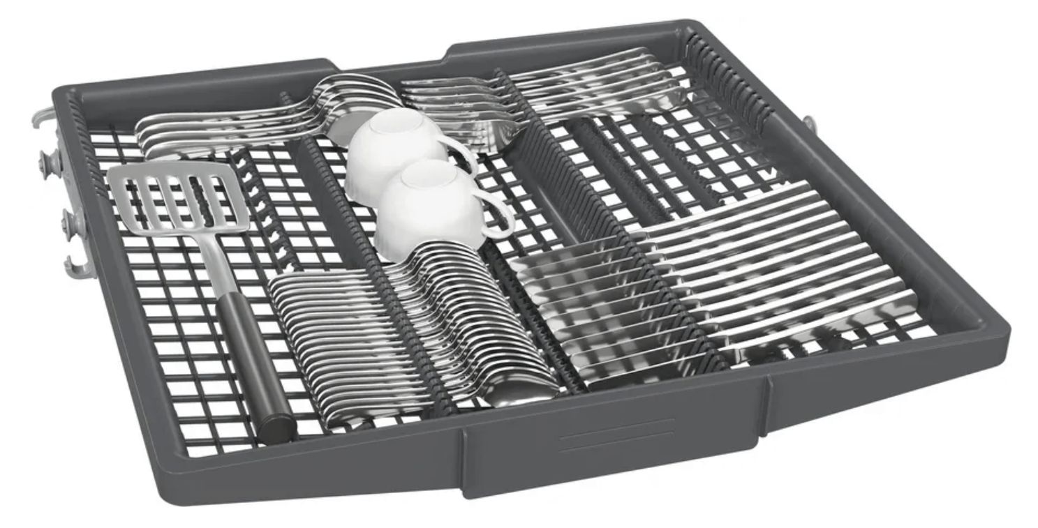 Tiroir à couverts avec cuillères, fourchettes et tasses dans le lave-vaisselle Siemens SN616X01EF
